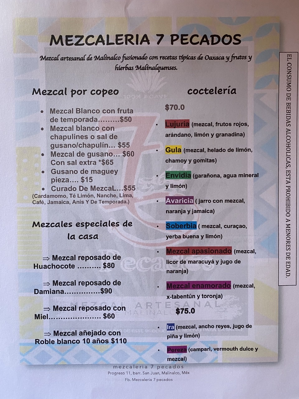Carta de Mezcalería y fábrica de mezcal 7 pecados, Malinalco, Edomex — página 1