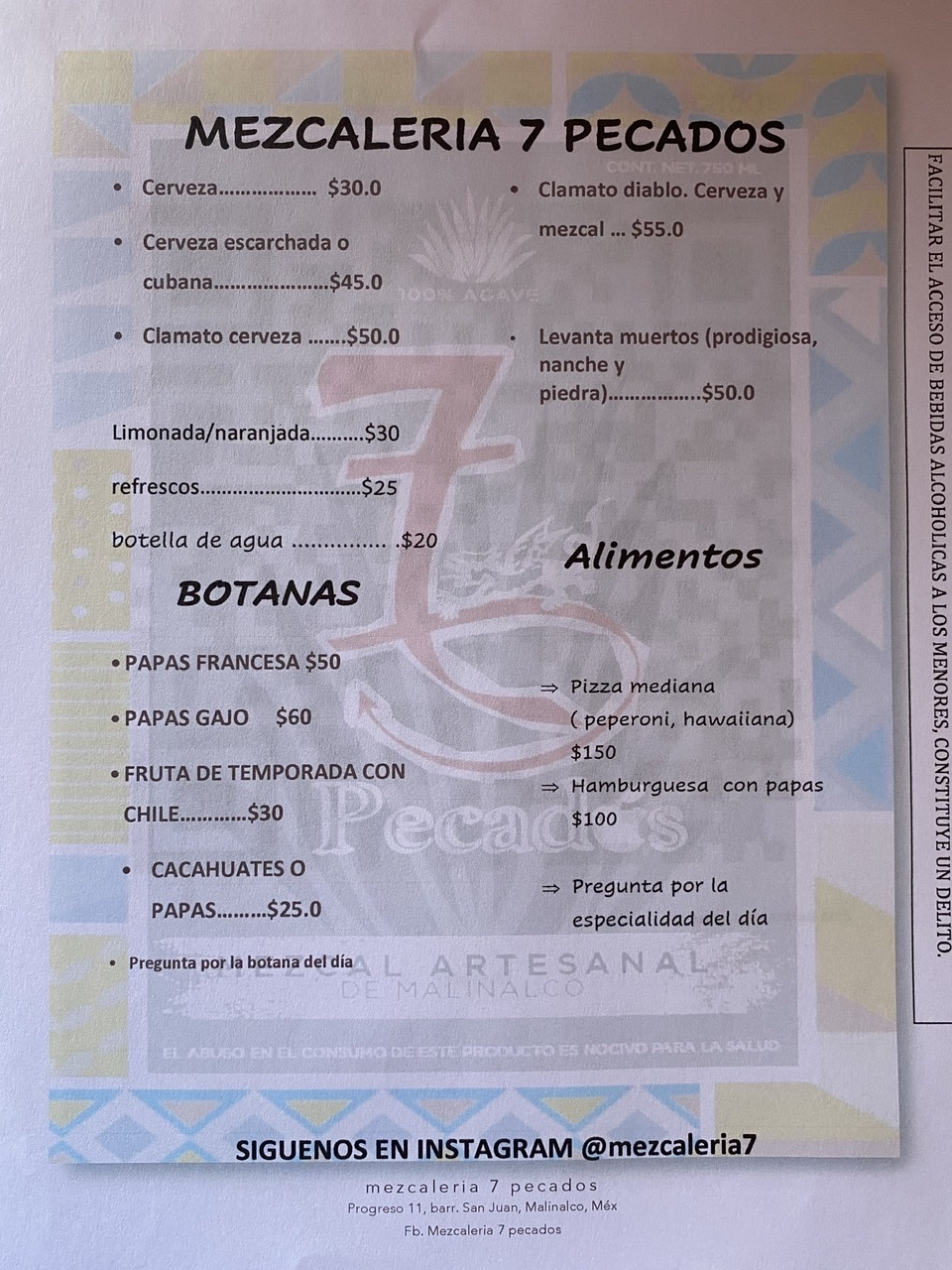 Carta de Mezcalería y fábrica de mezcal 7 pecados, Malinalco, Edomex — página 3