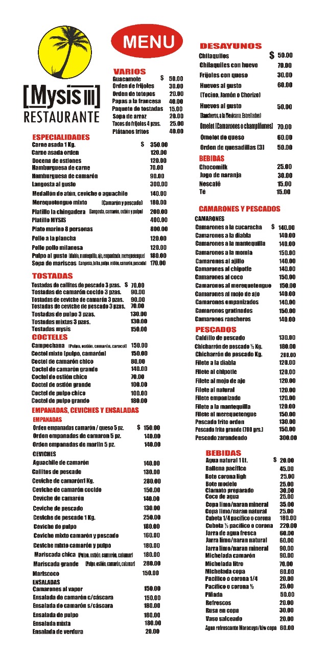Carta de Restaurante MYSIS III — página 1