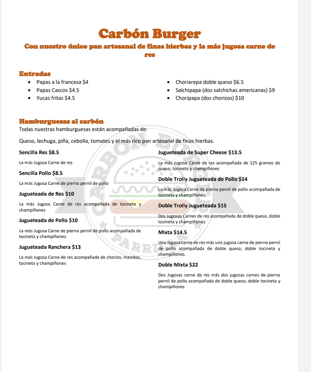 Carta de Carbon burger — página 1