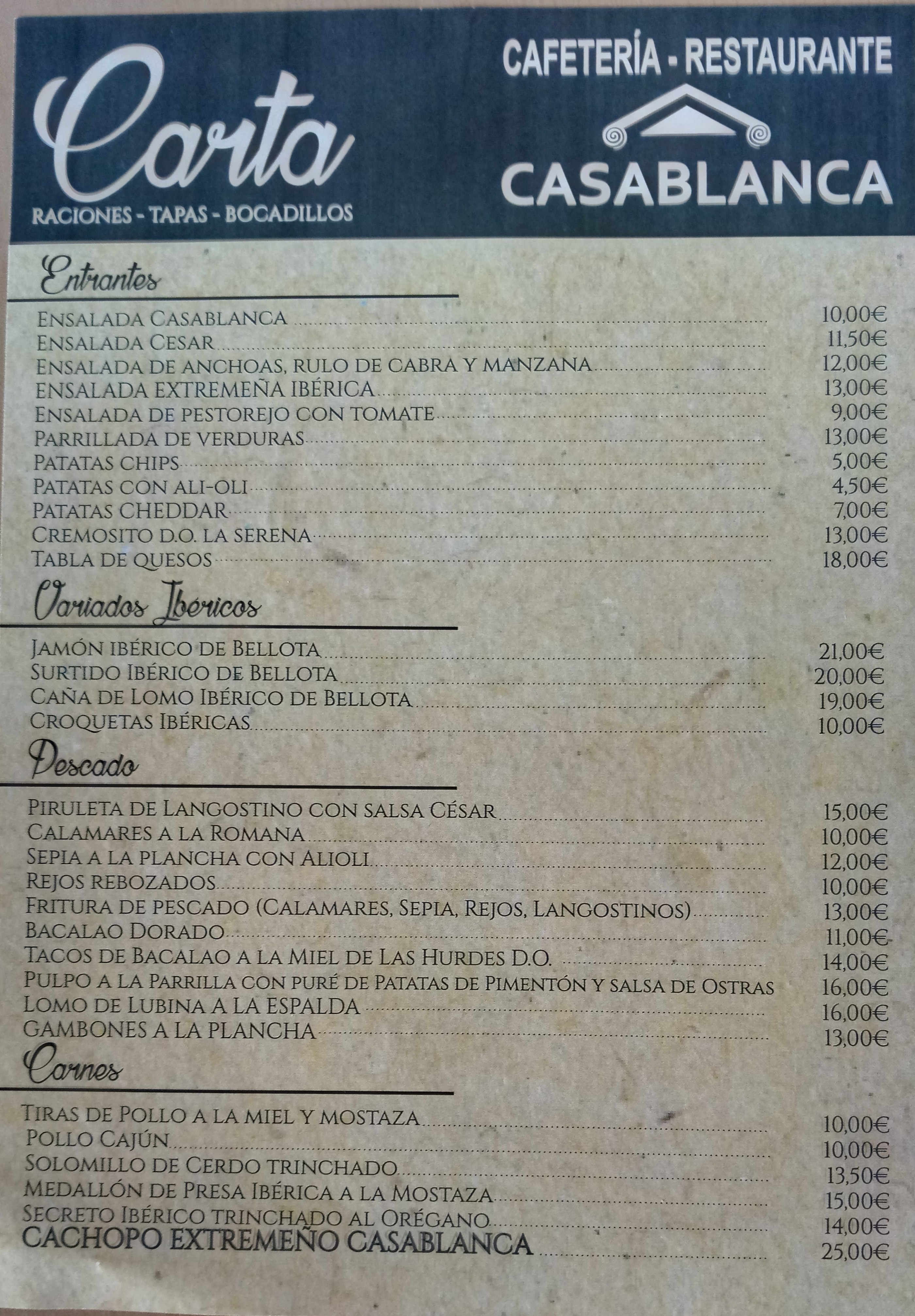 Carta de RESTAURANTE CASABLANCA — página 1