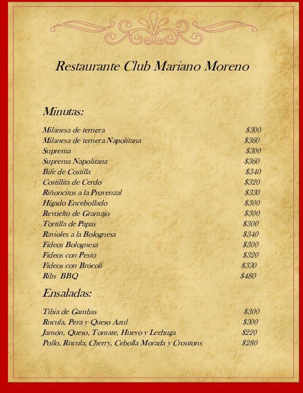 Carta de Restaurant Club Mariano Moreno — página 1