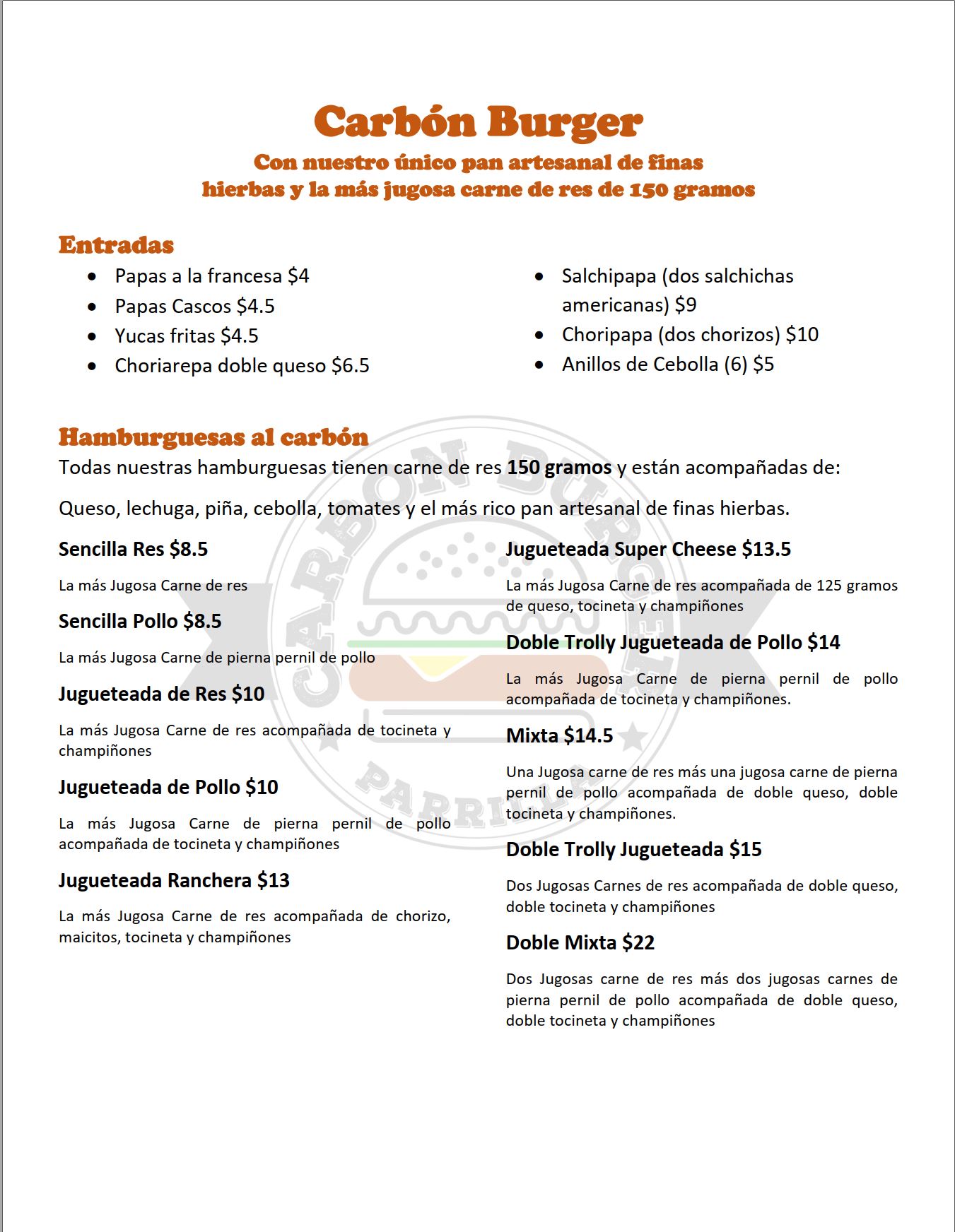 Carta de Carbon Burger en Armenia, Quindio — página 1