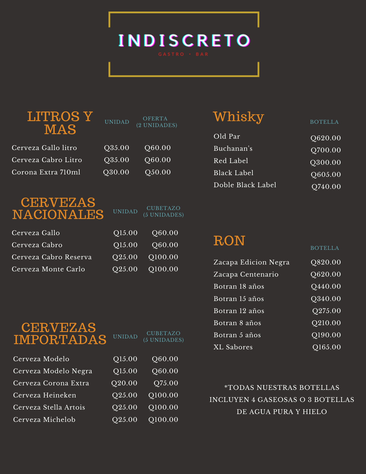 Carta de Indiscreto GastroBar en Quetzaltenango — página 1