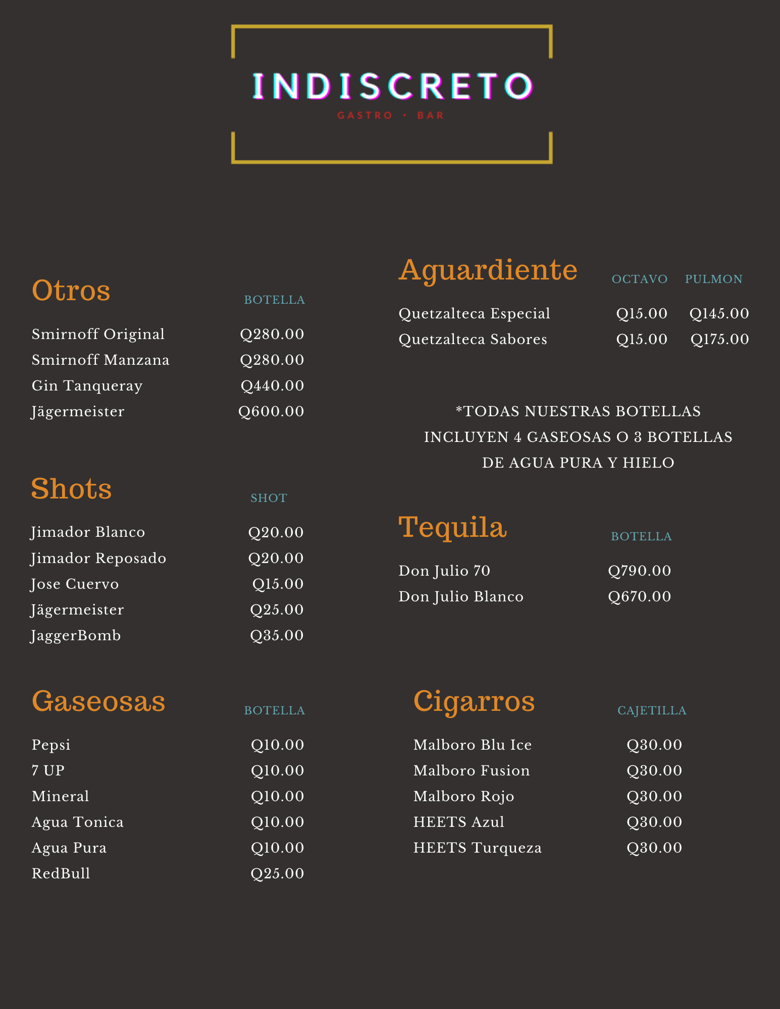 Carta de Indiscreto GastroBar en Quetzaltenango — página 2