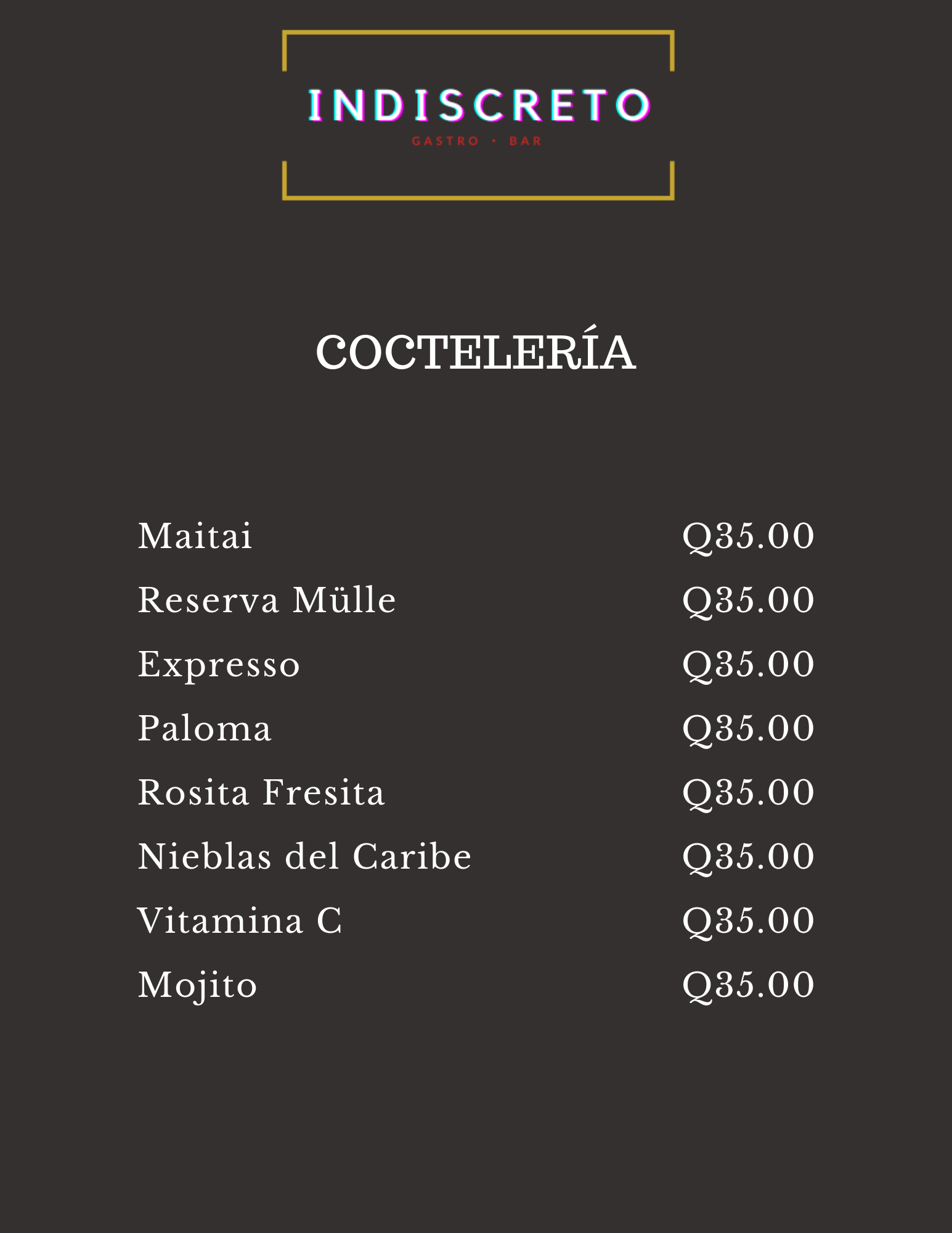 Carta de Indiscreto GastroBar en Quetzaltenango — página 3