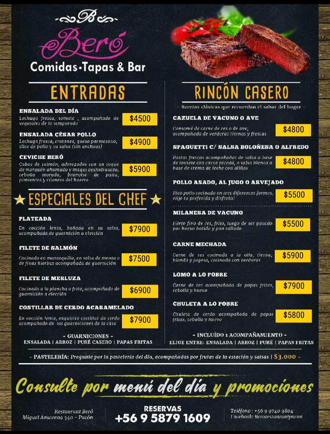 Carta de Beró Rastaurant en Pucon, Cautín — página 1