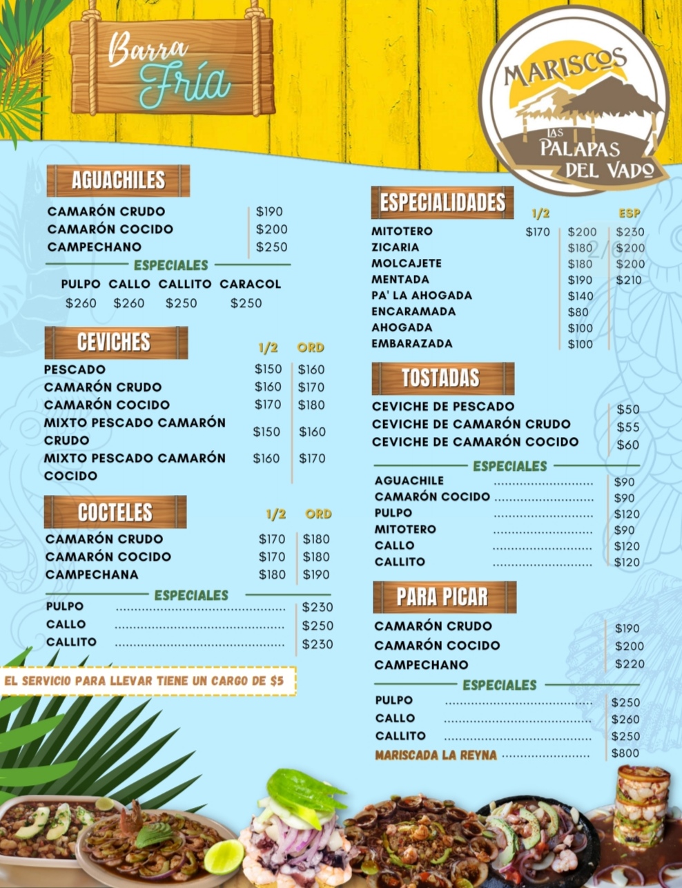 Carta de Mariscos Las Palapas del Vado en La Paz , BCS  — página 1