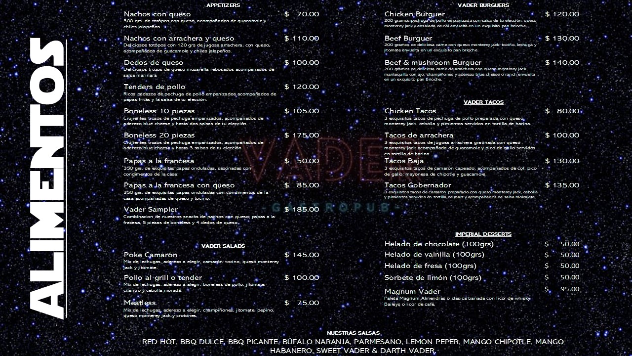 Carta de VADER GASTRO PUB en CUERNAVACA, MORELOS — página 1