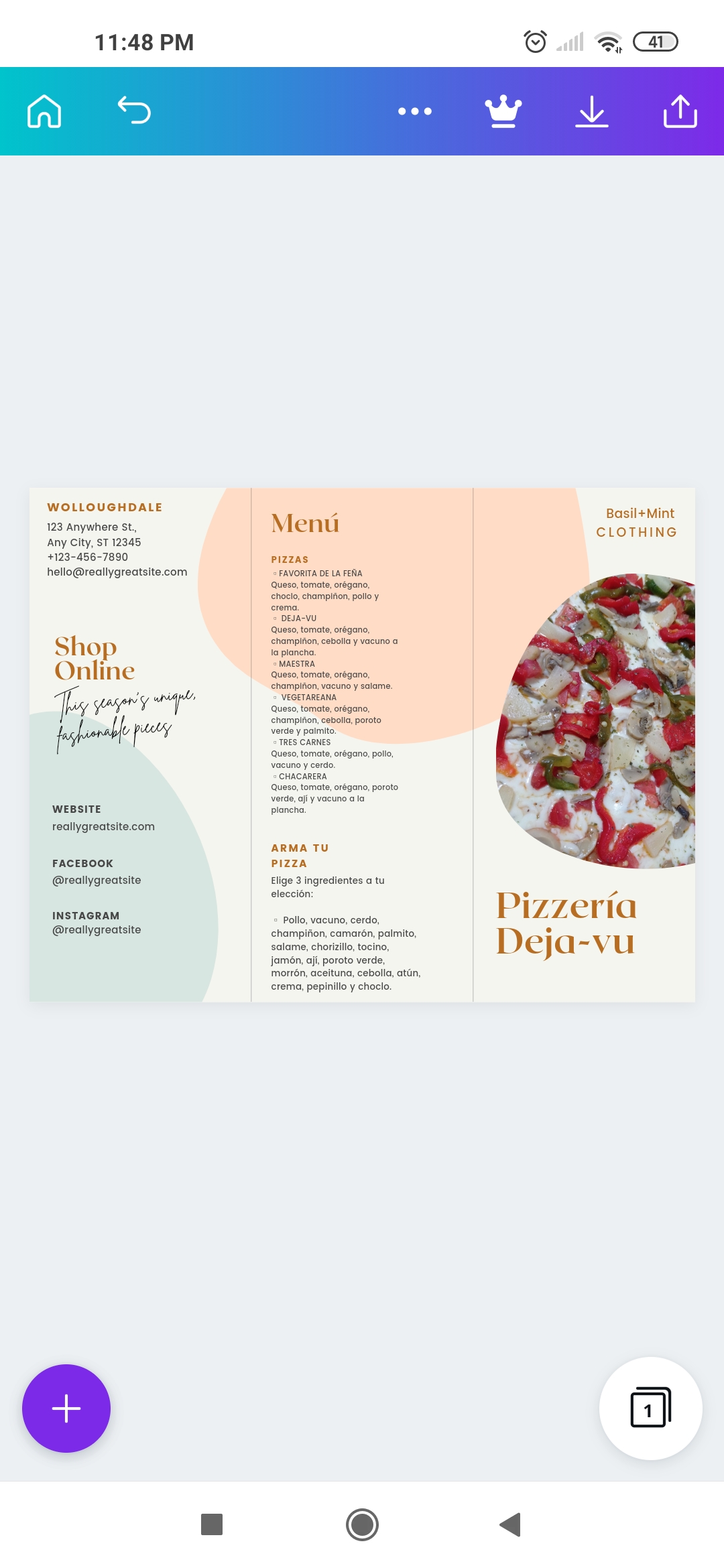 Carta de Pizzería Deja-vu en Angol, Malleco — página 1