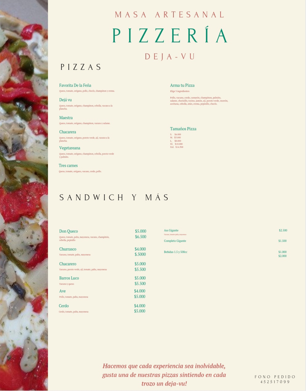 Carta de Pizzería Deja-vu en Angol, Malleco — página 1