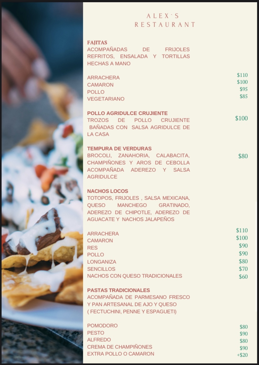 Carta de Alex’s Restaurant  en Emiliano Zapata , La huerta  — página 5