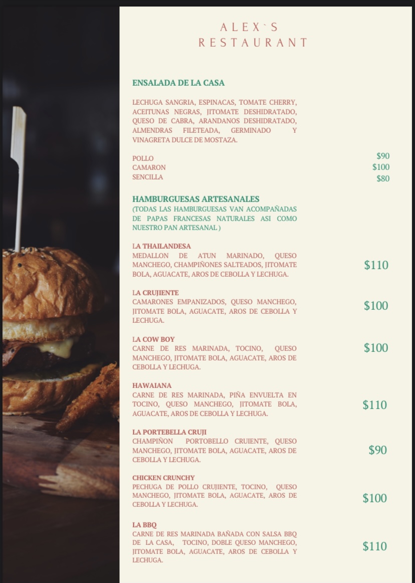 Carta de Alex’s Restaurant  en Emiliano Zapata , La huerta  — página 2