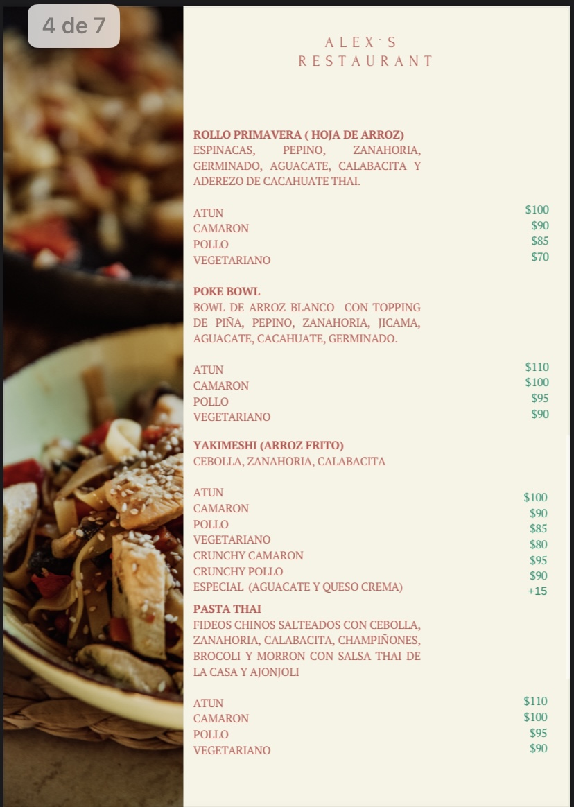 Carta de Alex’s Restaurant  en Emiliano Zapata , La huerta  — página 4