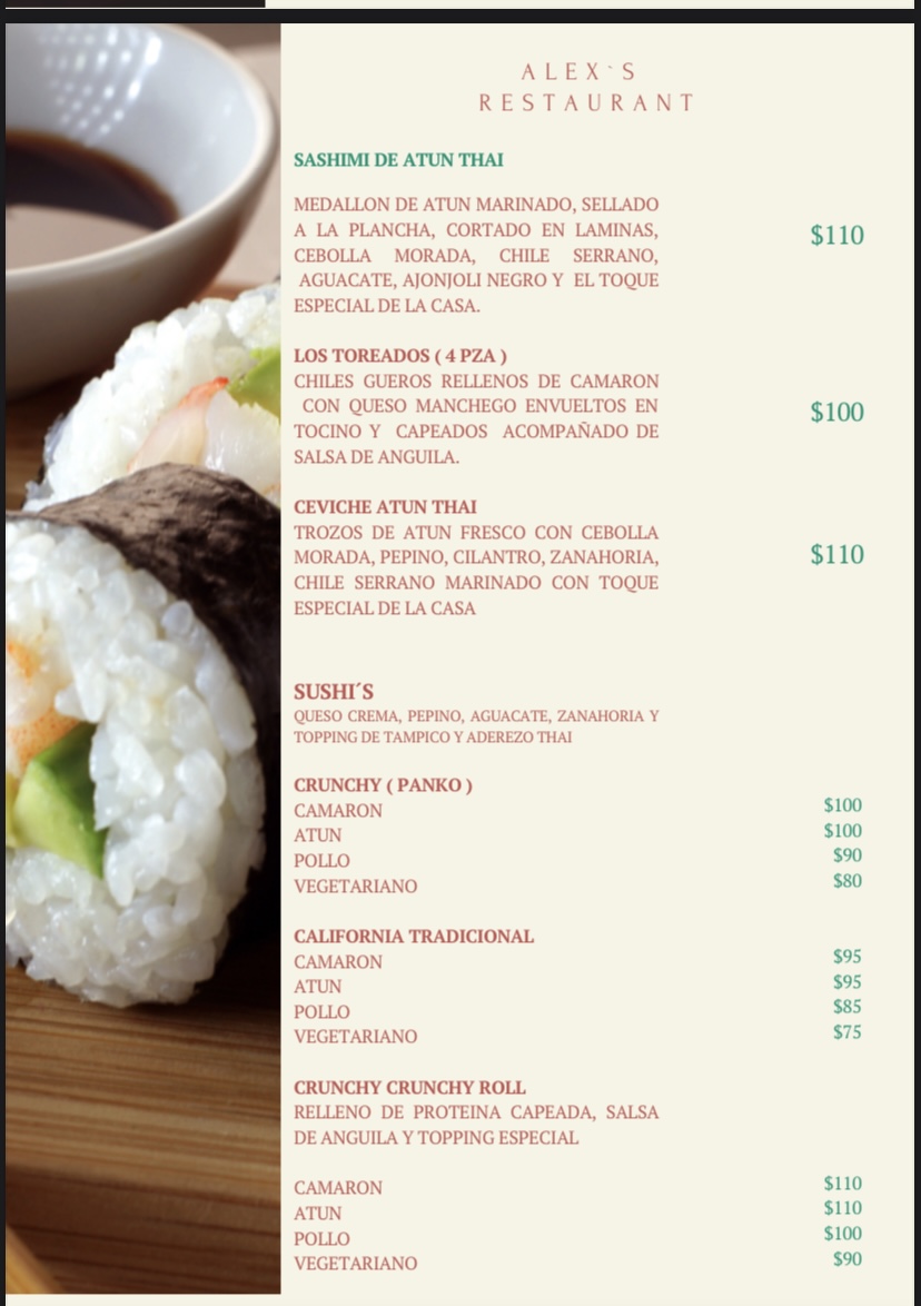 Carta de Alex’s Restaurant  en Emiliano Zapata , La huerta  — página 3