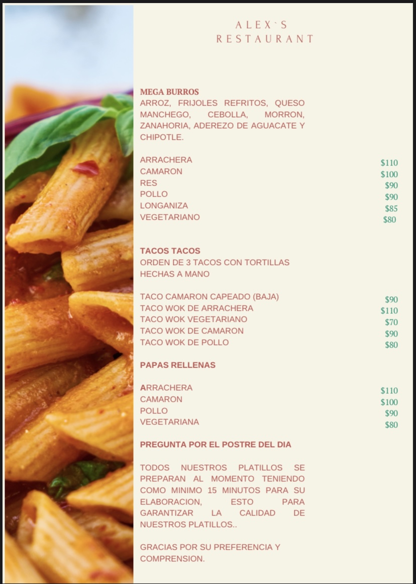 Carta de Alex’s Restaurant  en Emiliano Zapata , La huerta  — página 6