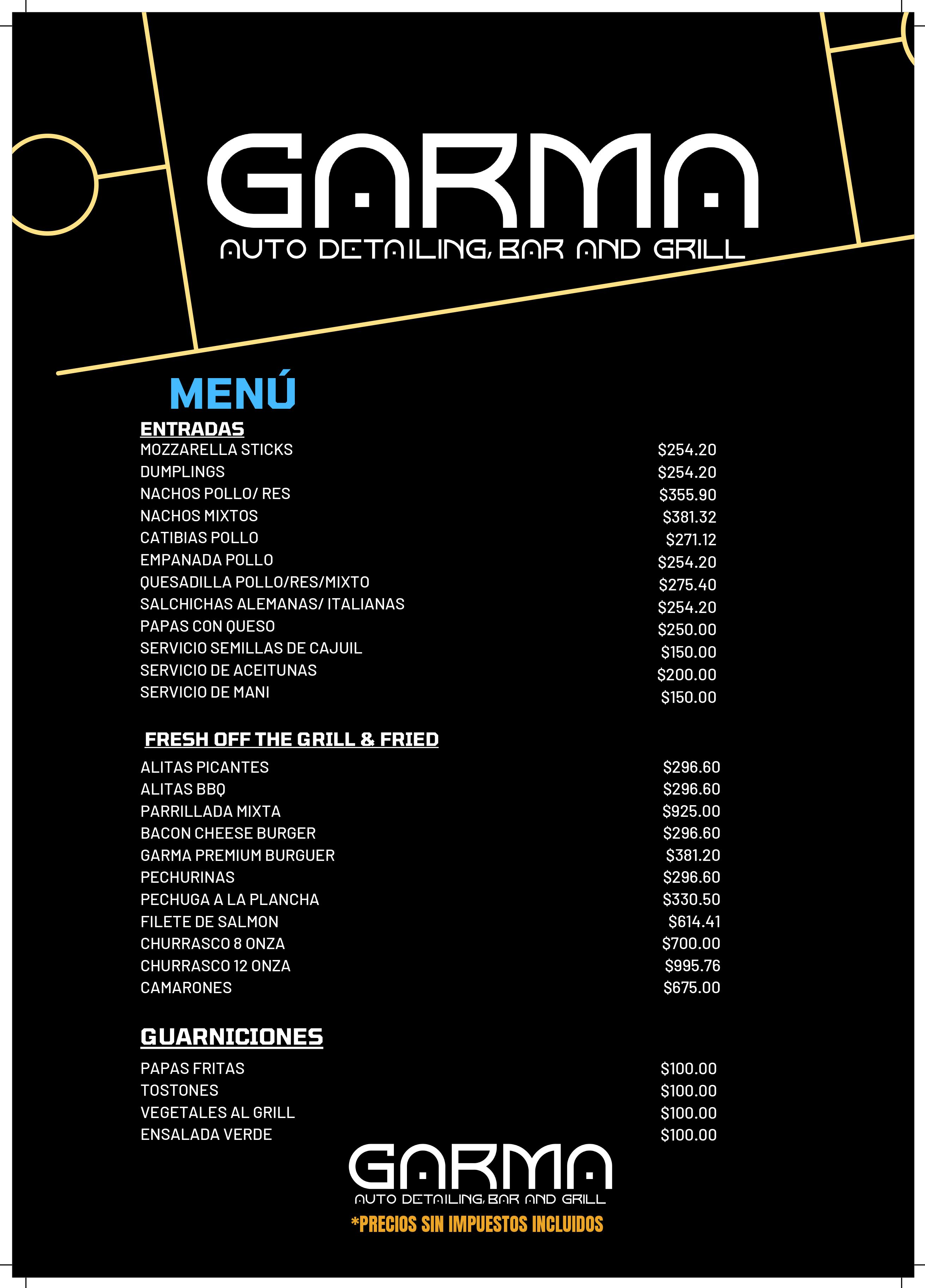 Carta de GARMA AUTO DETAILING, BAR AND GRILL en Santo Domingo Este — página 1