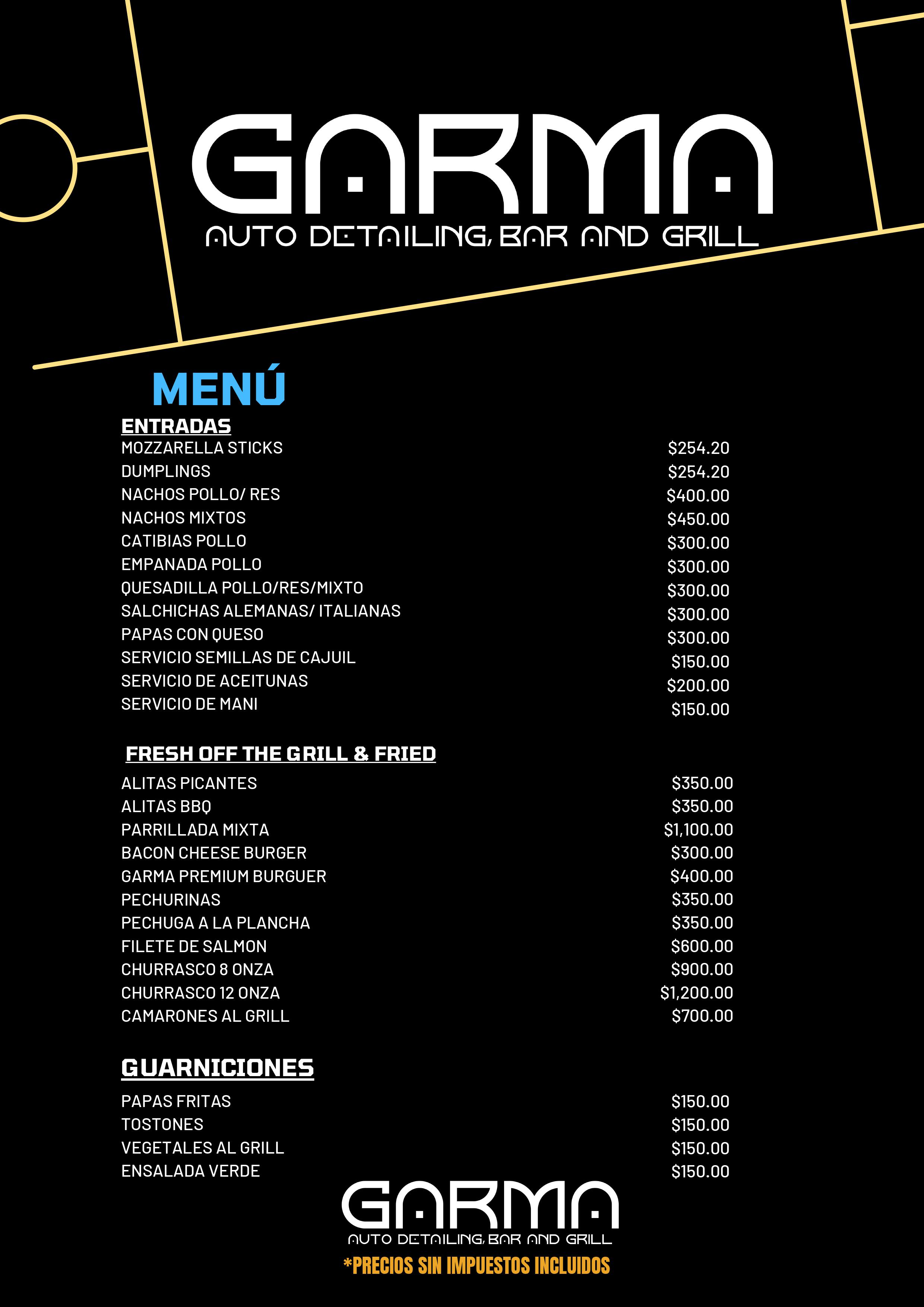 Carta de GARMA AUTO DETAILING, BAR AND GRILL en SANTO DOMINGO ESTE — página 1