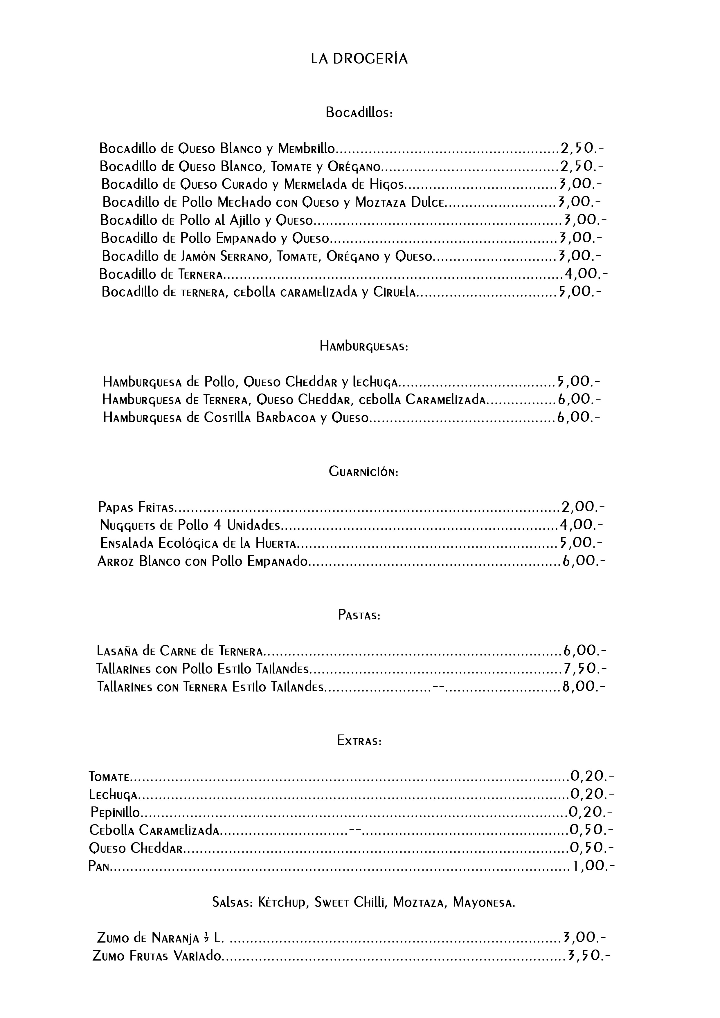 Carta de La Drogeria en Puerto de la Cruz, Santa Cruz de Tenerife — página 1