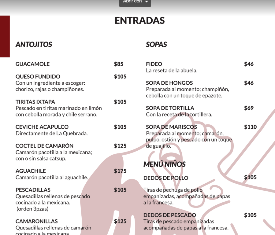 Carta de Restaurant La Malinche — página 1